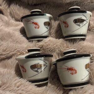 Porcelain Lidded Tea , rice or soup Cups with Prawn & Fish Motif - Set of 4
